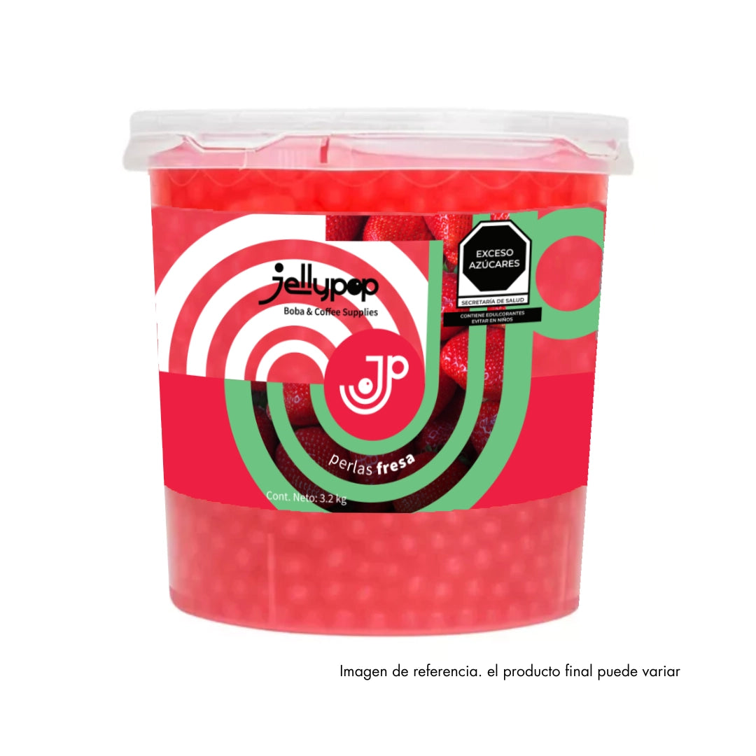 Imagen de Perlas Explosivas de Fresa de Jellypop. Perlas rellenas con jugo de fruta y estallido de sabor. Perfecto para añadir un toque divertido a bubble teas y bebidas refrescantes.