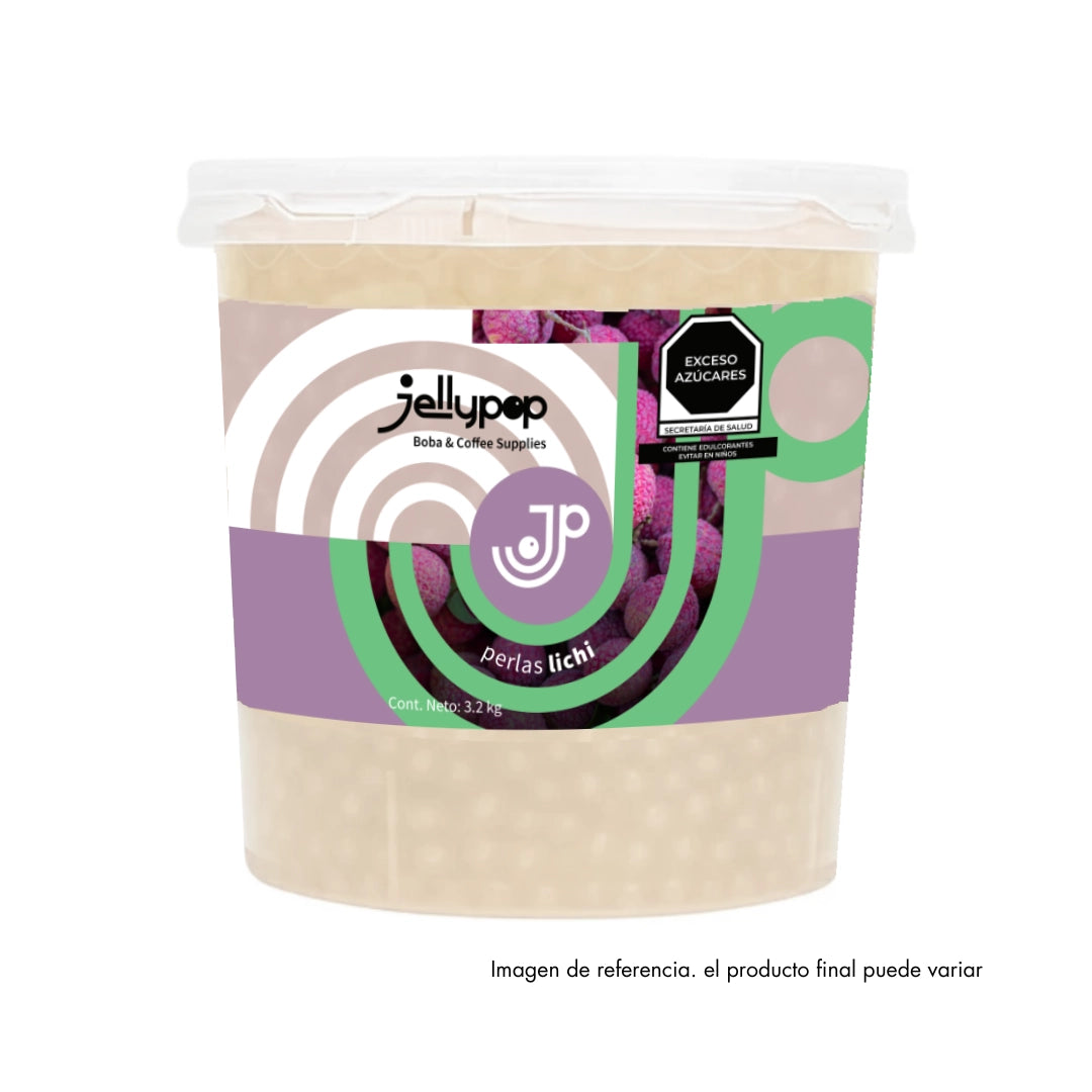 Imagen de Perlas Explosivas de Lichi de Jellypop. Perlas rellenas con jugo de fruta y estallido de sabor. Perfecto para añadir un toque divertido a bubble teas y bebidas refrescantes.