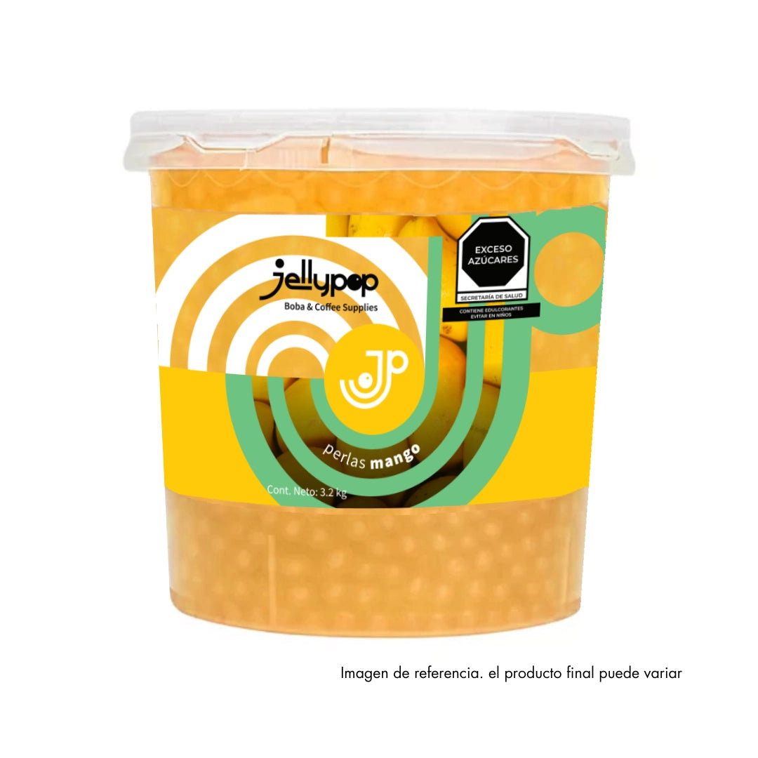 Imagen de Perlas Explosivas de Mango de Jellypop. Perlas rellenas con jugo de fruta y estallido de sabor. Perfecto para añadir un toque divertido a bubble teas y bebidas refrescantes.