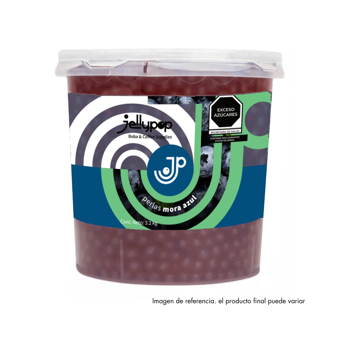 Imagen de Perlas Explosivas de Mora Azul de Jellypop. Perlas rellenas con jugo de fruta y estallido de sabor. Perfecto para añadir un toque divertido a bubble teas y bebidas refrescantes.