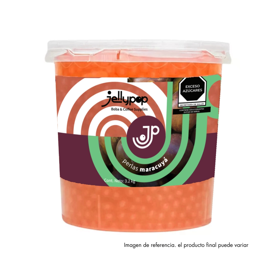 Imagen de Perlas Explosivas de Maracuyá de Jellypop. Perlas rellenas con jugo de fruta y estallido de sabor. Perfecto para añadir un toque divertido a bubble teas y bebidas refrescantes.